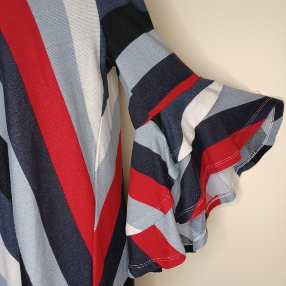 Umgee Dress Size M Blue Red Cream Striped Flutter Bell Sleeve Small Knit - Picture 7 of 11